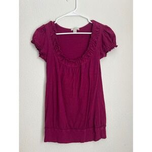 Womens Size M Short Sleeve Ruffle Neck Top Magenta Casual